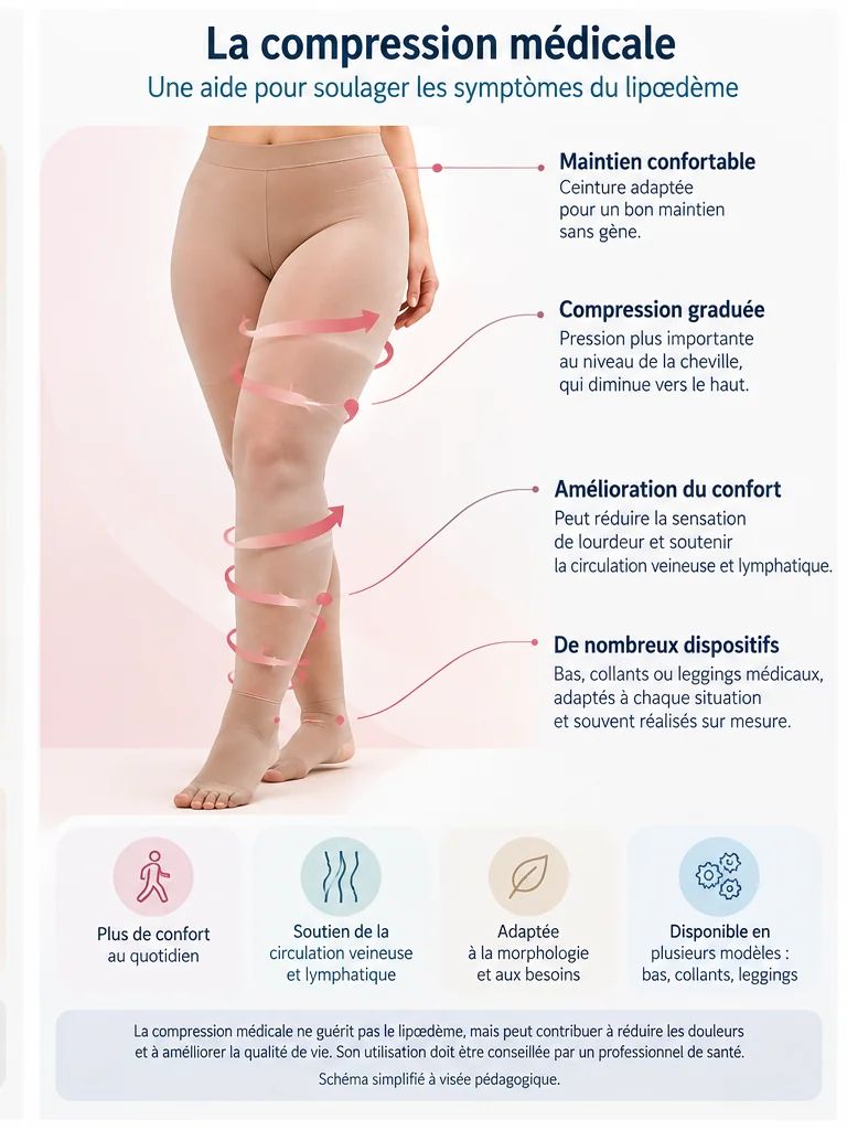 Illustration pédagogique de la compression médicale pour soulager les symptômes du lipœdème