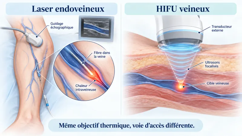 Schéma comparatif du laser endoveineux et du HIFU veineux