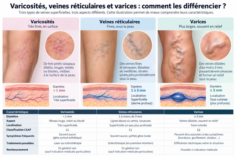 Comparaison illustrée des varicosités de moins de 1 mm, des veines réticulaires de 1 à moins de 3 mm et des varices de 3 mm et plus