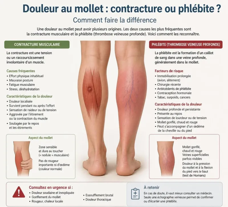 découvrez comment différencier une contracture du mollet d'une phlébite, deux douleurs souvent confondues, et apprenez à reconnaître leurs symptômes pour une prise en charge adaptée.