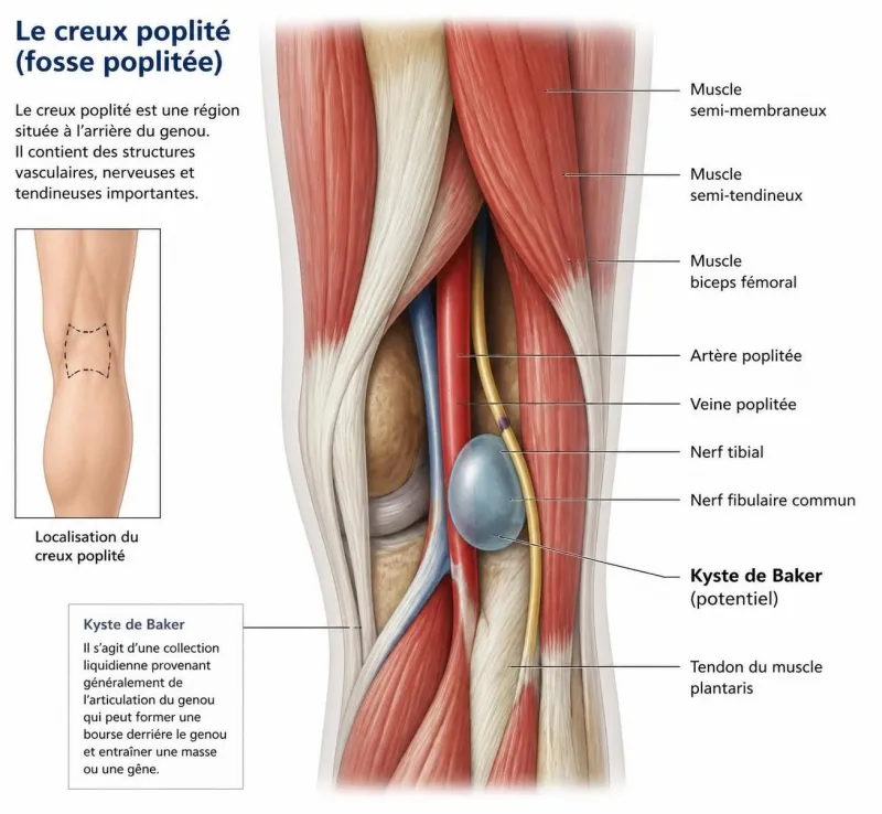 découvrez les causes possibles d'un creux poplité douloureux, incluant varices, kystes et problèmes veineux derrière le genou, et les solutions pour soulager la douleur.