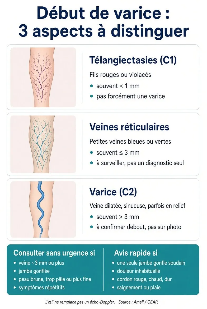 Télangiectasies, veines réticulaires et varice C2 : seuils 1 mm et 3 mm, quand consulter
