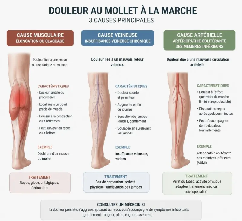 découvrez comment identifier l'origine de la douleur au mollet en marchant : muscle, veine ou artère, et apprenez à reconnaître les symptômes pour mieux comprendre votre douleur.