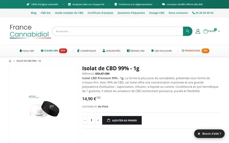 Aperçu de France Cannabidiol et de son isolat CBD