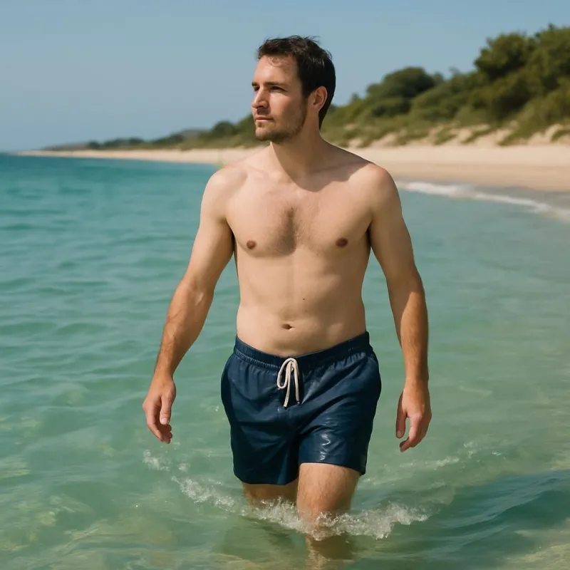 Homme marchant dans l’eau de mer jusqu’aux cuisses sur une plage