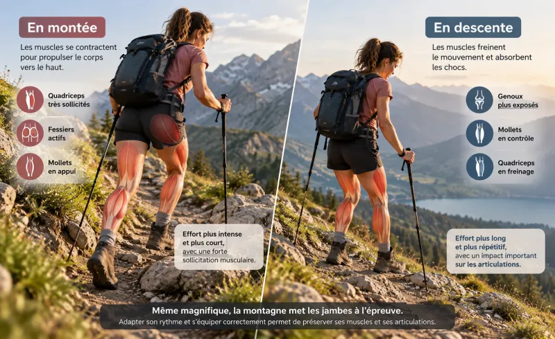 Illustration des différences de sollicitation des jambes en montée et en descente pendant une randonnée