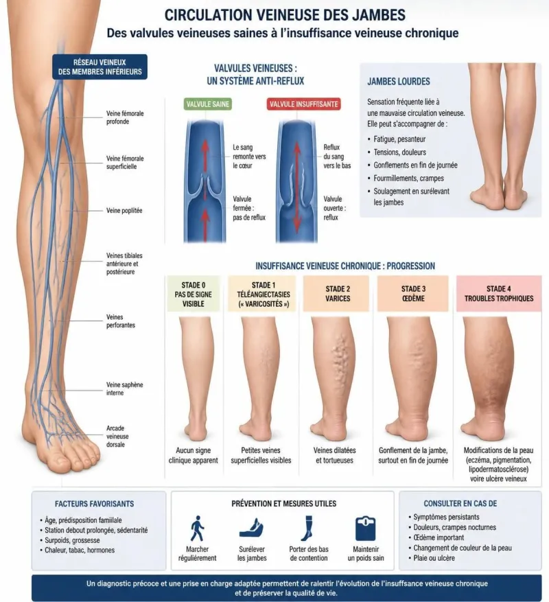 découvrez les différents stades de l'insuffisance veineuse et apprenez à reconnaître les symptômes, des jambes lourdes aux ulcères, pour mieux prévenir et traiter cette condition.