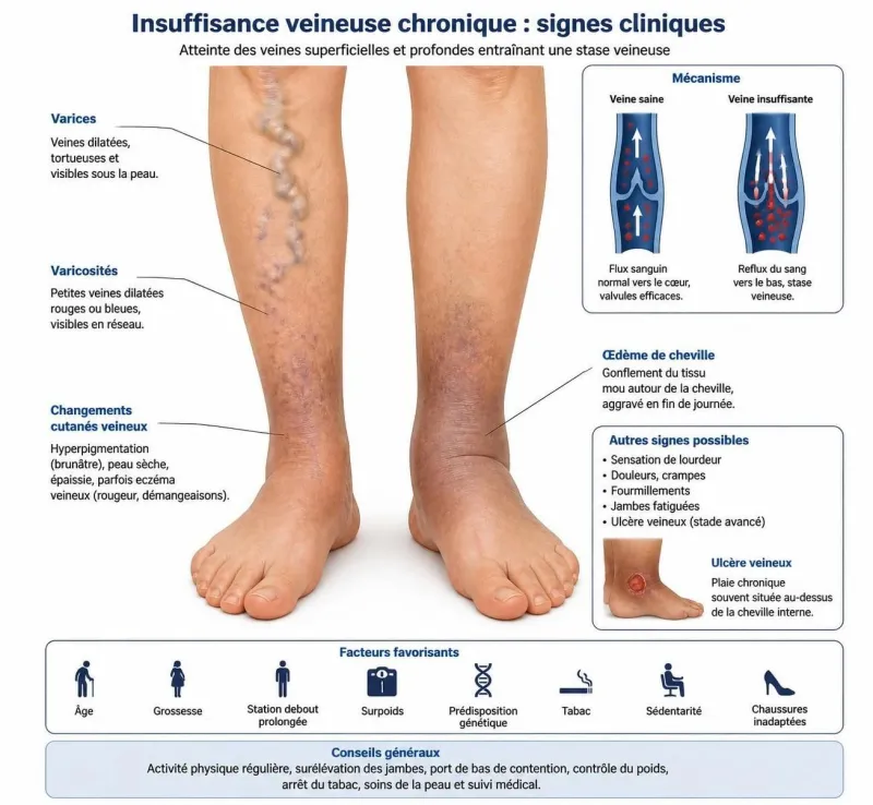 découvrez les différents stades de l’insuffisance veineuse et apprenez à reconnaître les symptômes, des jambes lourdes aux ulcères, pour mieux prévenir et traiter cette affection.