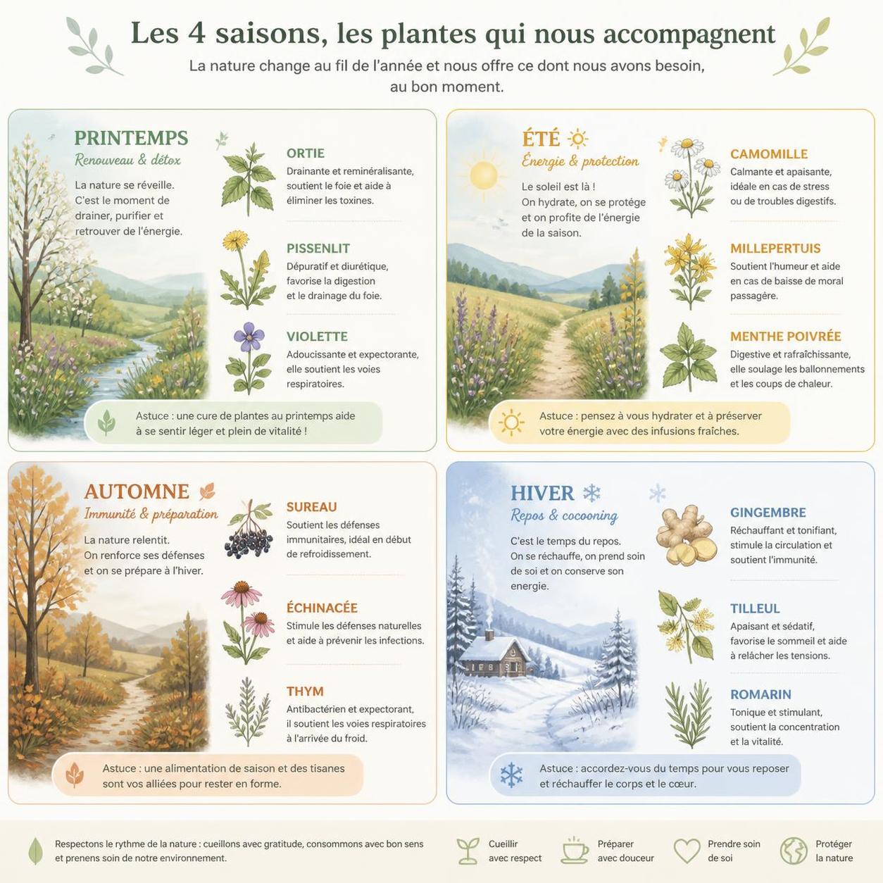 découvrez comment adapter votre routine bien-être avec les plantes selon les saisons : renforcez votre immunité en hiver, pratiquez une détox douce au printemps, profitez de la fraîcheur en été et cultivez l'ancrage en automne.
